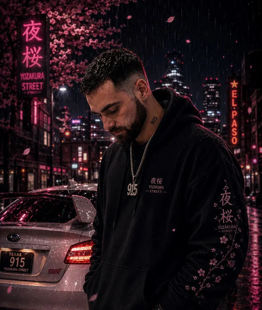 DRACK 915 in a black Yozakura hoodie on a rain-lit city street