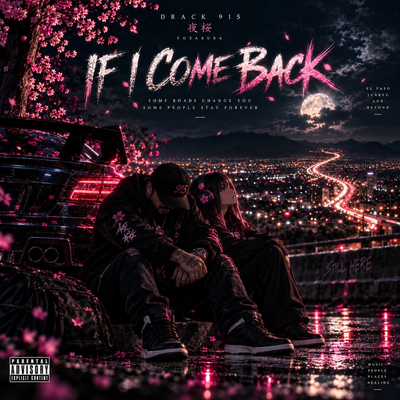 IF I COME BACK — DRACK 915 y Sophie junto a un auto bajo los cerezos de noche