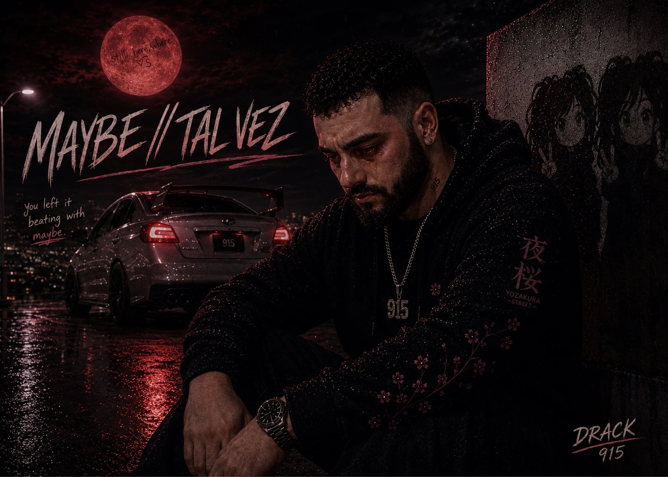 MAYBE // TAL VEZ — DRACK 915 bajo una luna roja junto a un auto