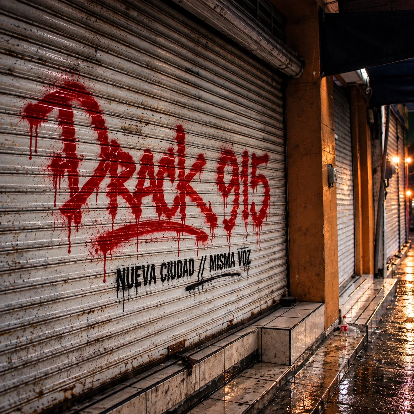 NUEVA CIUDAD // MISMA VOZ — DRACK 915 en grafiti rojo sobre una cortina metálica en un callejón lluvioso