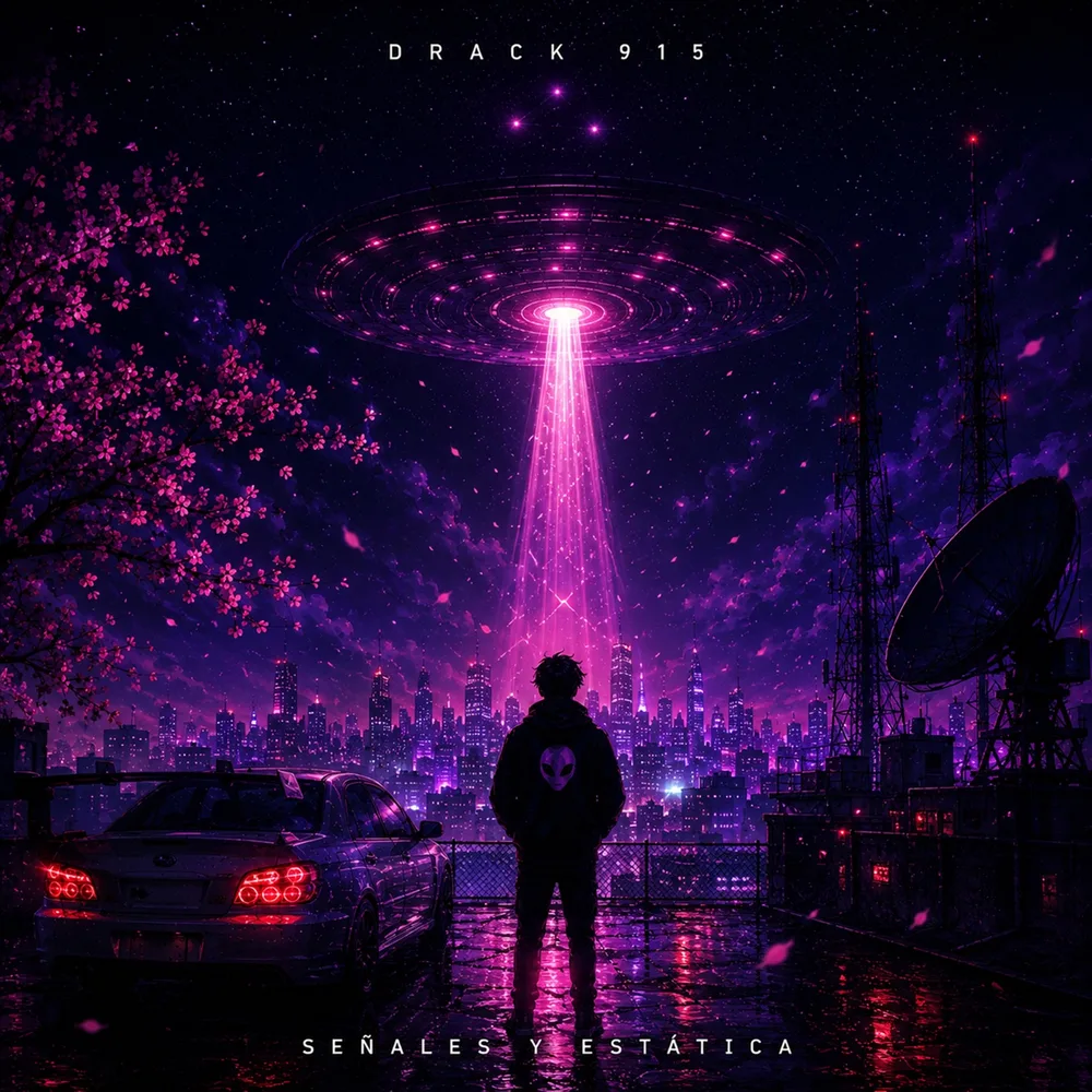 A lone figure and two cars beneath a magenta signal in the night sky