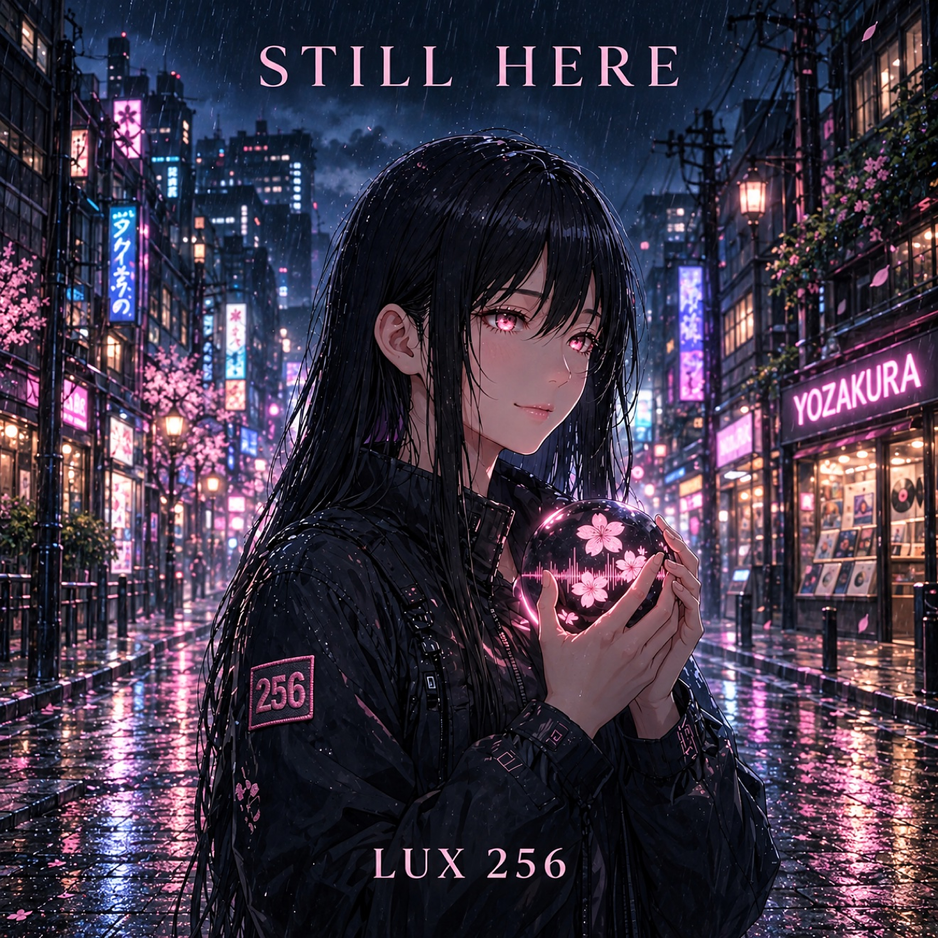 STILL HERE — LUX 256 cover art, anime girl holding glowing pink orb in rainy neon Tokyo street