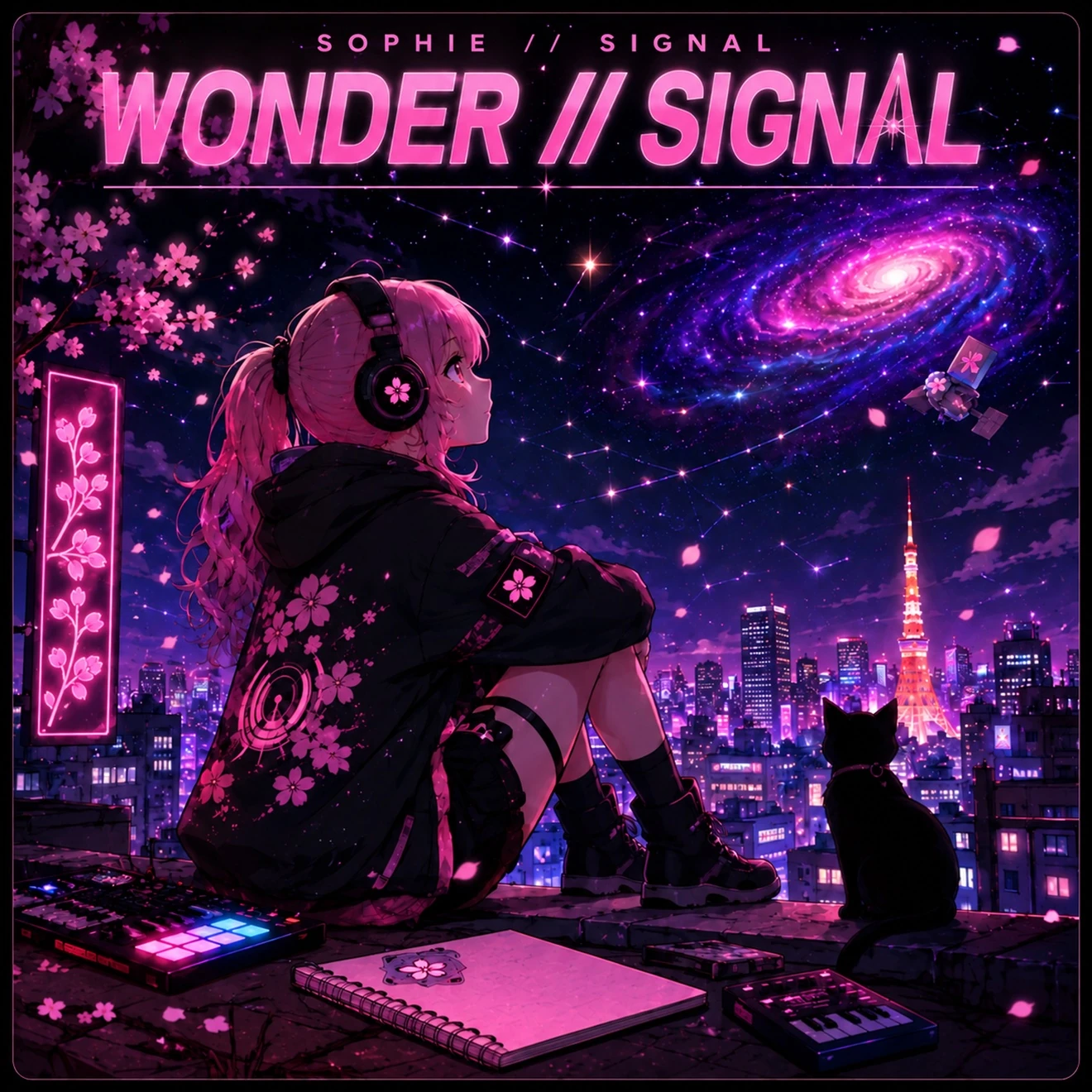 WONDER // SIGNAL official album artwork — Sophie with pink hair and headphones gazing at a spiral galaxy over a neon Tokyo skyline with cherry blossoms